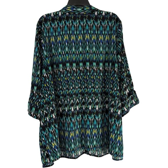 Catherines Shirt Womens 2X Plus Button Up Cuffed Sleeve Green Blue Geometric Top - Picture 3 of 9